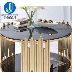 Free sample home living room furniture round metal stainless steel no folded glass gold coffee table
