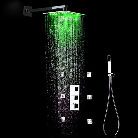 Gibo LED Light Thermostatic Shower Faucets Color Chang 16 Shower Head Rotate Massage Spray Jets Shower Mixer System with Hands
