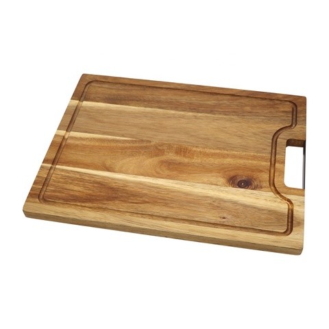High Quality acacia wood cutting board with black metal hand grip and juice groove