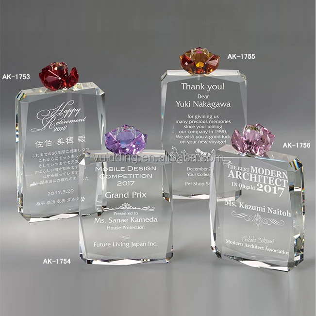 High Quality K9 Crystal Memorial Plaque Awards With Rose Flower