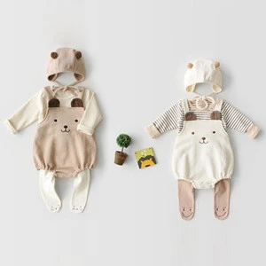 Hot sale Cute bear sleeveless cotton pule hat set for baby boys and girls in spring and autumn jumpsuit