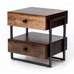 Industrial & vintage iron metal solid mango wood 2 drawers bedside nightstand