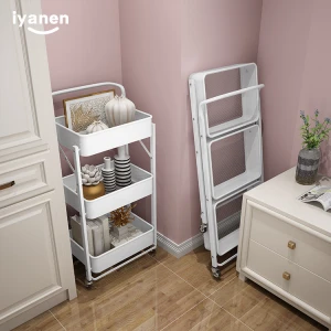 IYANEN Multi-purpose foldable 3 Tiers Steel Cart Kitchen Hand Trolley Movable Storage Rack Metal Utility Rolling Cart