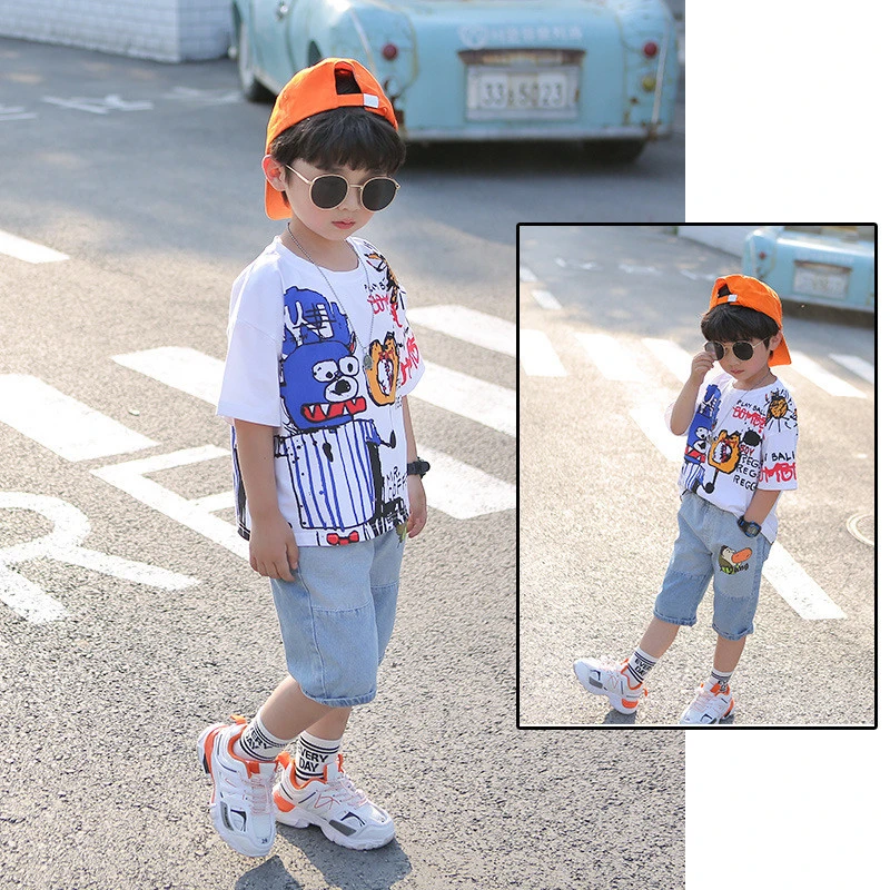 Korean printing cartoon t shirt and jeans pants cotton baby boy designer clothes summer