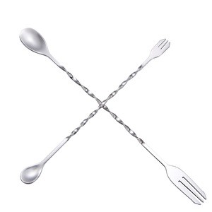 Long Handle Swizzle Stick Cocktail Fork Mixing Spoon Stainless Steel Bar Spoon