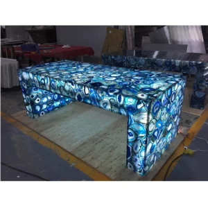 Luxury Design Translucent Agate Stone Led Nail Bar Table Custom Size Blue Color Long Bar Counter Table