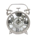 Mechanical Funny Silent Antique Silvery Brass Glass Alarm Gift Gear Table Clock