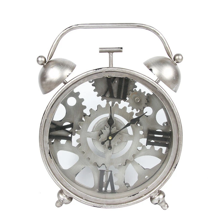 Mechanical Funny Silent Antique Silvery Brass Glass Alarm Gift Gear Table Clock