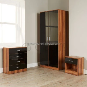 Melamine wooden 3 Set Wardrobe With black High gloss Front