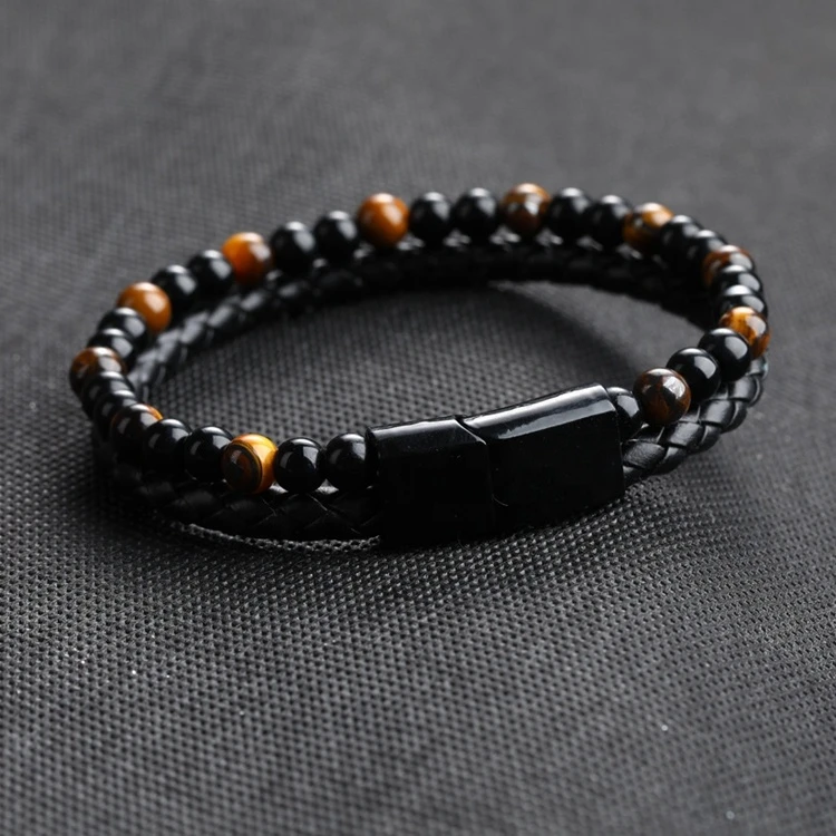 Men Magnetic Clasp Beaded Bracelets Jewelry Black Genuine Leather Natural Stone Tiger Eye Bracelet