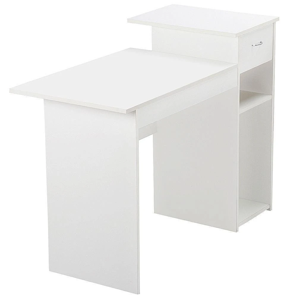 Modern White Computer Desk with Drawers and Printer Shelves Study Writing Table Workstation for Small Space Home Office Wood