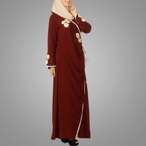 Muslim Women Embroidered Front Open Abaya Red Long Dress Middle Easr Islamic Clothing For Lady