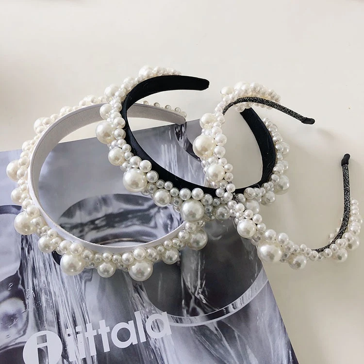 New Bride Bundle Hair Accessories  Cross Wide Edge String Of Beads Hair Band Stereoscopic Pearl Flower Headband