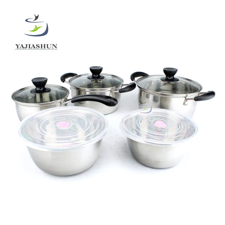 New Design 10pcs Stainless Steel Cookware Set And Mixing Bowl With Nice Lid
