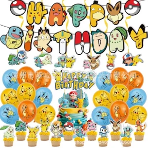 Poke Birthday Party Supplies Sets New Arrival Cartoon Theme Party Banner Balloon Flag Balloon Children Party Decoration Set