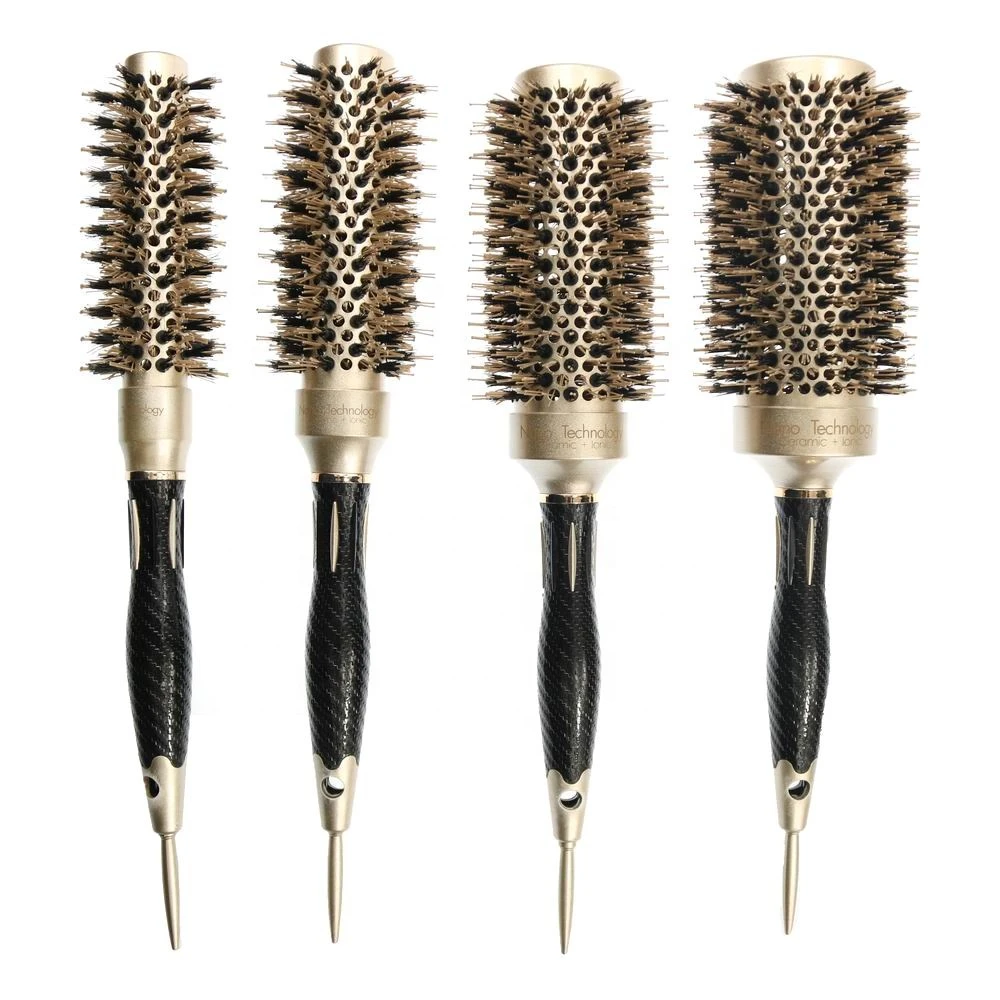 Professional hairdresser use heat resistant nylon mixed boar hair bristle ionic round detangling hair brush
