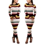 Round Neck Striped Sheath Ankle Length Traditional Chinese Dress for Girls