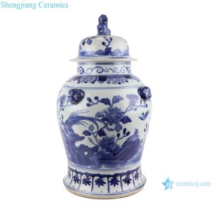 Rzsc28 Jingdezhen Blue and White Flower and Bird Lion Head Ceramic Jinger Jar