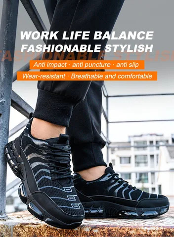Safety shoes with a sporty, casual, lightweight design, steel toe for impact and puncture protection, and comfortable for work.
