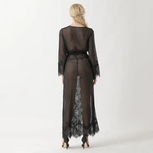 Sexy Long and Short Black Wedding Lace Robe With Lace Trim Bathrobe Sleepwear With Belt Applique chiffon Robe customized