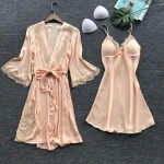 Sexy Womens Robe & Gown Sets Lace Bathrobe + Night Dress Four Pieces Sleepwear Womens Sleep Set Faux Silk night dress