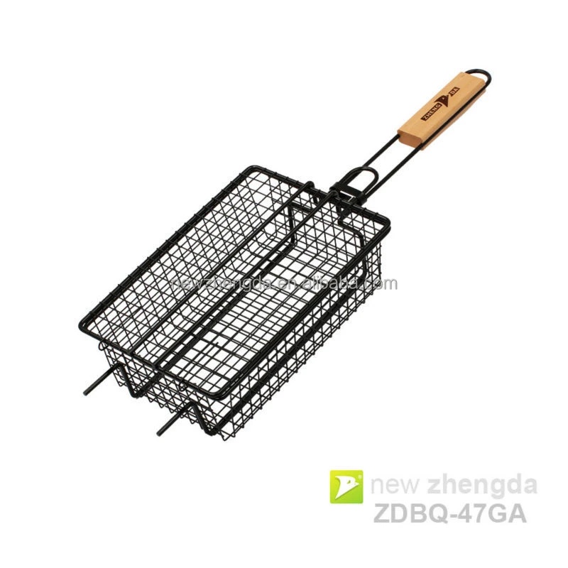 Stainless Steel BBQ Grilling Basket Wooden Handle Grilling Net with raised lancet BBQ Mesh