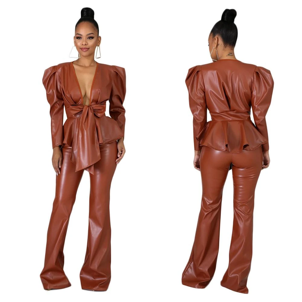 Stylish Long Sleeve V Neck Bandage PU Leather Trouser Suit Winter Clothes Woman Two Piece Pants Suit Set