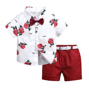 Summer Boys Clothing Sets Children Clothing Set Kids Boy Clothes Flower Shirts + Shorts 2PCS Gentleman Suit with Bowtie Belt