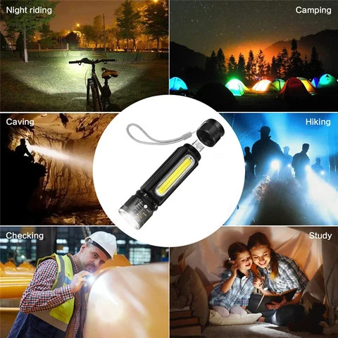 T6 Strong Light LED Rechargeable USB Flashlight Aluminum Body Magnetic Torch Zoomable COB Zoom Highlight for Outdoor Lighting