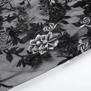 Ting Heavy Fashion Booth Black Flower Sequin Dress Dot Pattern Fabrics Polyester Material Woven Lace Mesh Fabric 100% Polyester