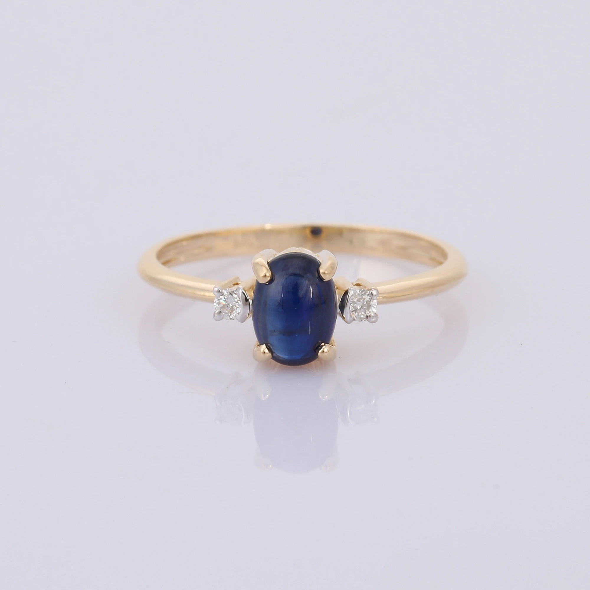 Trendy Natural Blue Sapphire Cab Oval  shape with Diamond 14K Solid Yellow gold Ring