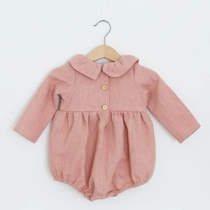 Western Used Rose Linen Full length Sleeve Ruffle Bubble Playsuit 100% Organic Cotton Baby Girl Romper Casual Plain Clothing