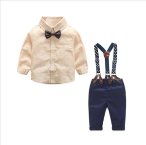 Wholesale 2pcs gentle kids clothes set for boys long sleeve shirt top suspender pants