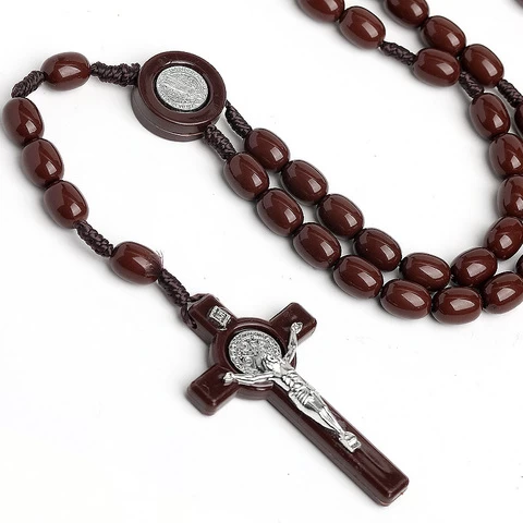 Wholesale Black Acrylic Christ Catholic Rosary Necklace Religious Jewelry Vintage Handmade Prayer Beads Jesus Cross Necklace