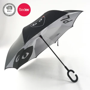 Wholesale double layer inverted umbrella 190T pongee C shape handle waterproof windproof inside out umbrella reverse umbrella