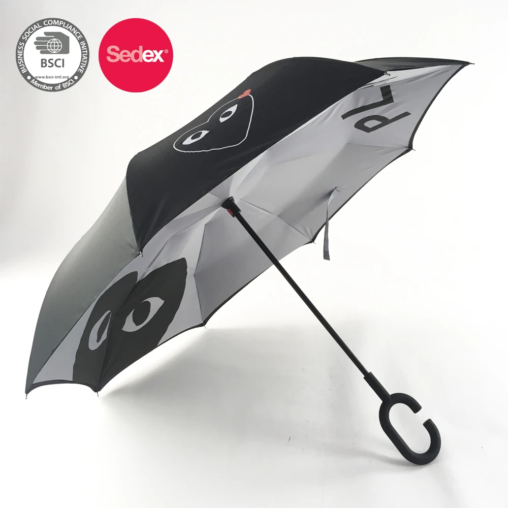 Wholesale double layer inverted umbrella 190T pongee C shape handle waterproof windproof inside out umbrella reverse umbrella
