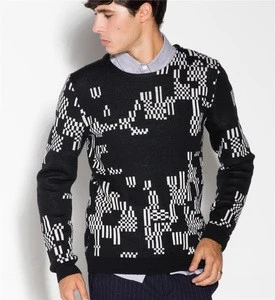 Winter Black Long Sleeve Classic Jacquard Jumper Knitted Men Sweaters
