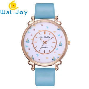 WJ-7593 Big Dial Unique Sailboat And Moon Face Design Leather Band Ladies Wrist Watch Factory Direct Decorate Watches