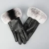 Womens 100% Real Sheepskin Leather Gloves Lady Winter Warm Fashion Mittens with Real Rabbit Fur