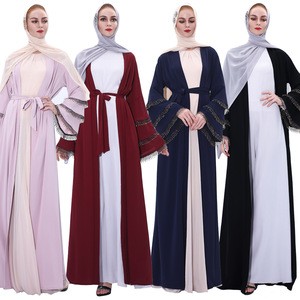 Womens open front belt kimono abaya islamic dress with three layers crystal handmade beads border on cuff