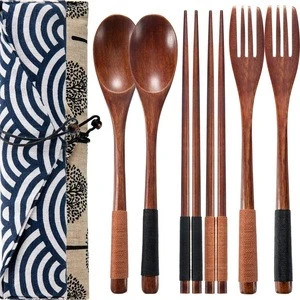 Wooden Flatware Tableware Cutlery Set Travel Utensils Tied Line Reusable Flatware, Wooden Fork Spoon Chopsticks