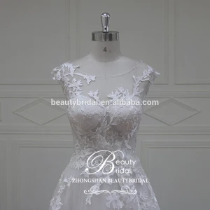 XF16067 illusion round neckline wedding dress  bridal gowns with cap sleeves