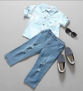 Z87559C 2015 fashion 100%cotton 2pcs set blouse+jean kids girl clothing sets