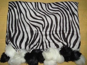 Zebra Printed Shawls & Scarves With Acrylic Fur Balls