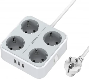 Tessan TS-302 Power Strip, Multi-Socket with 4 Schuko and 3 USB, Extension socket with Switch for Home Office