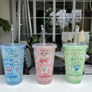 Factory Wholesale Girl Adult Child Double Wall Ice Cup 450ml Unicorn Plastic Cups With Rainbow Ball And Straws Drinking