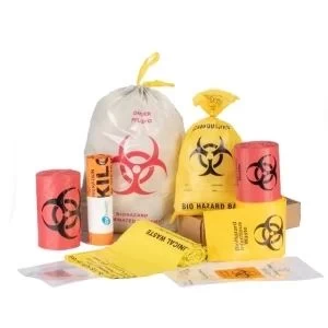 Factory Wholesale Red Biohazardous Disposal Medical Waste Trash Bags on Roll, Colored Medical Waste Bags Biohazard Garbage Plastic Bag on Roll with Warning Logo