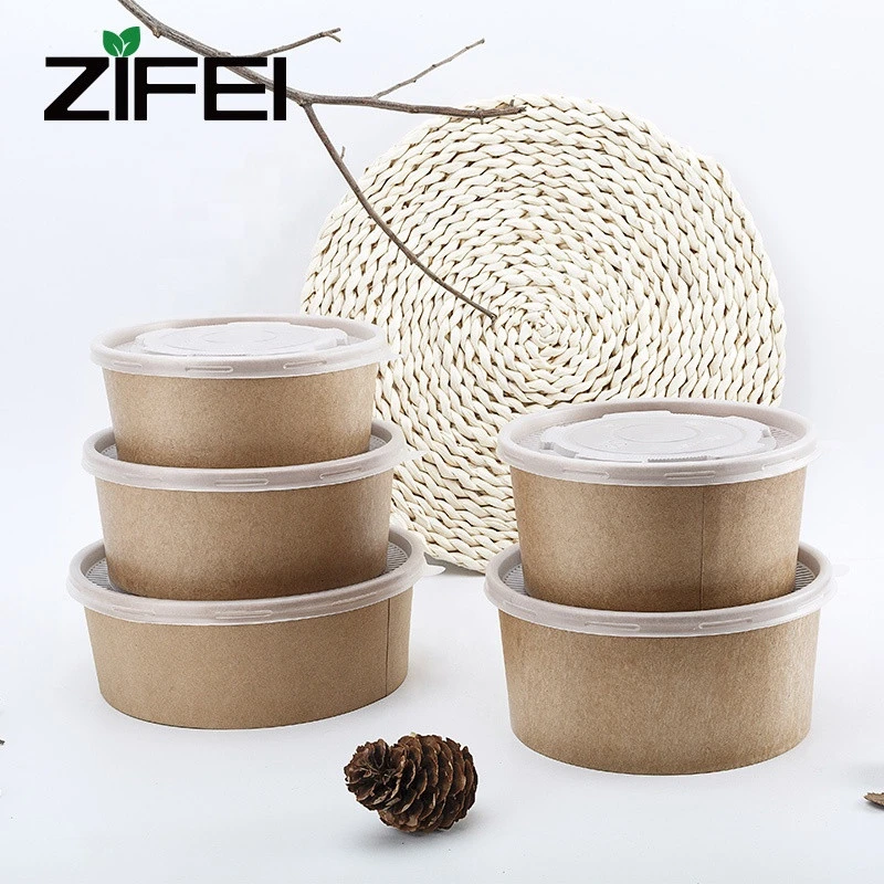 1000 ml disposable food container brown kraft paper bowl soup salad bowl with lid and customized acceptable paper bowl