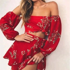 2018 New Hot Summer 2 Two Piece Set Women Sexy Off Shoulder Ruffles Tops Skirts Set Floral Print Female Casual dress