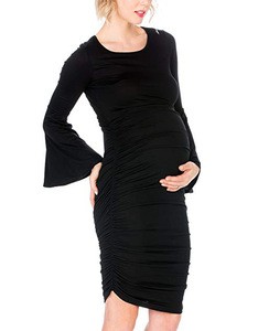2019 JUNDAI Hot Custom Women Pregnant dress Solid Color Black Cotton Long Sleeve Flare Sleeve maternity clothing